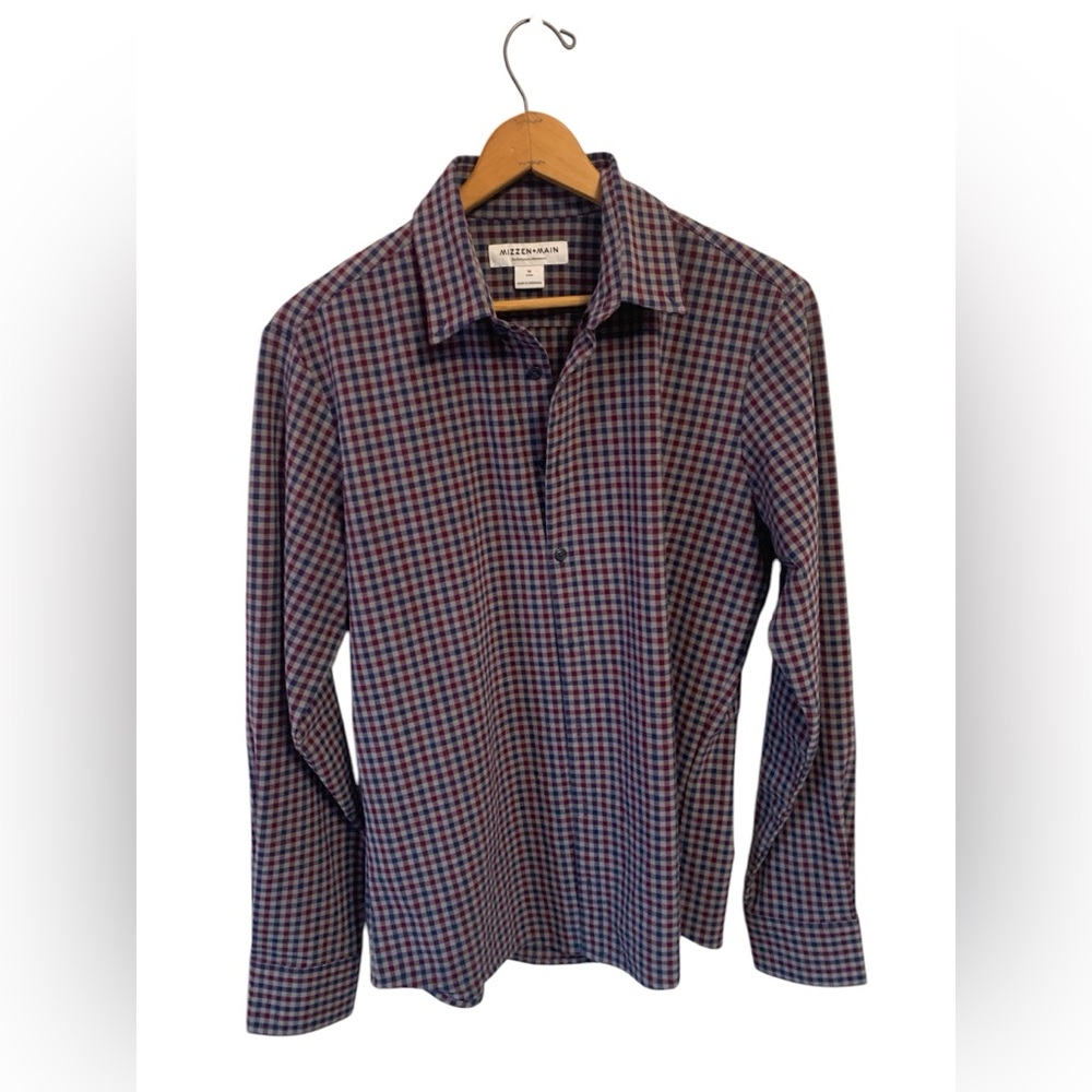 Mizzen‎ + Main Men's Medium City Flannel Shirt Trim Fit Grey Blue Purple Plaid